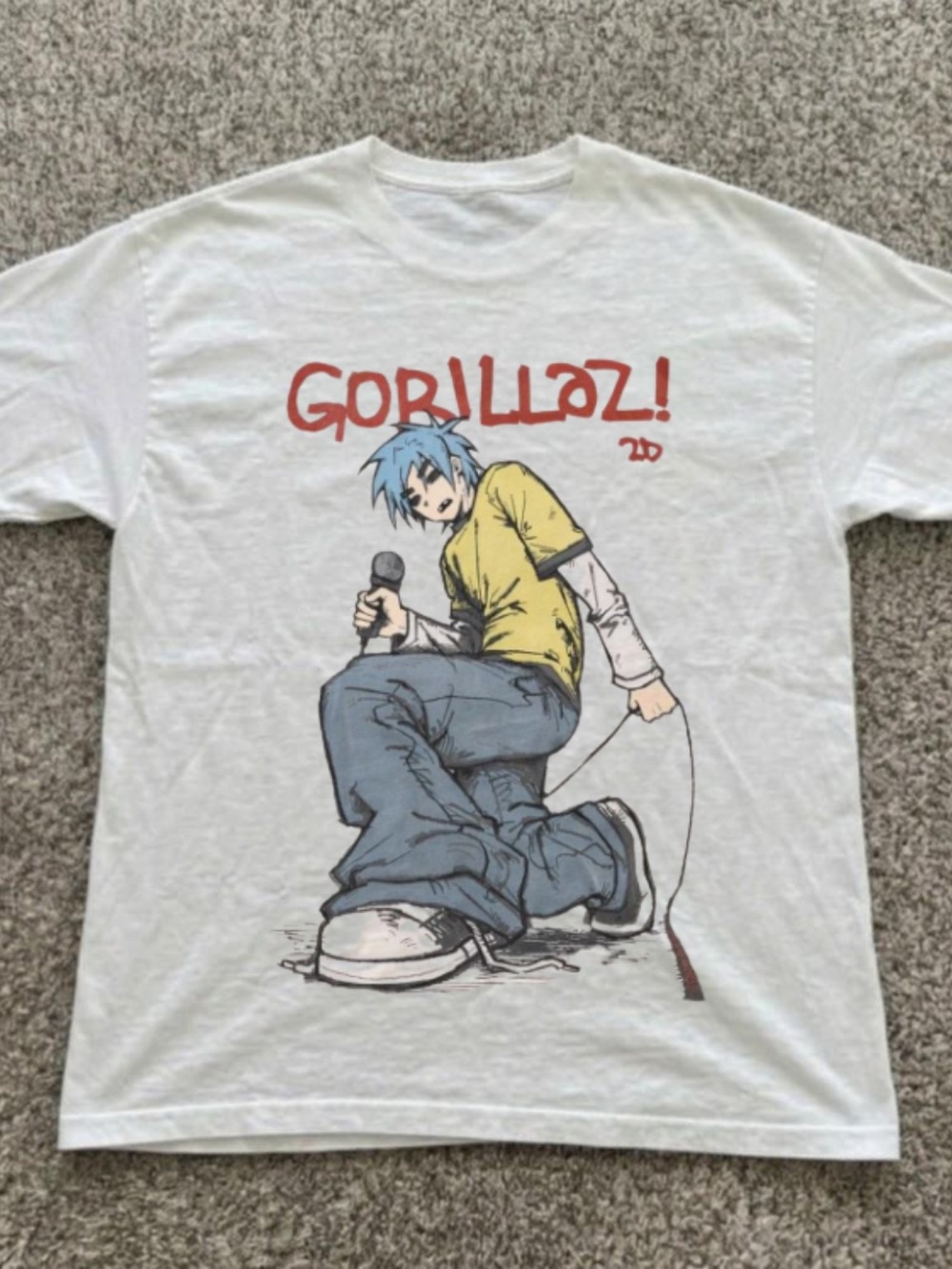 Gildan White Gorillaz Graphic Tee with Yellow & Blue Art